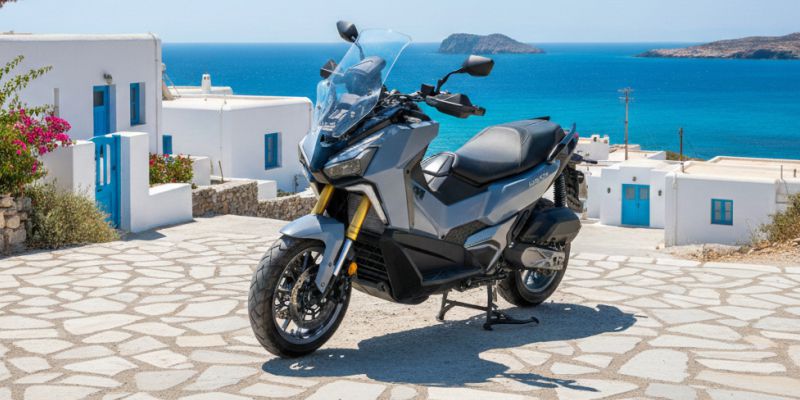 SYM ADXTG moto rental parked on a stone path with a panoramic ocean view in Milos, Greece.