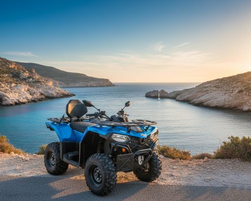 A blue CFORCE 550cc ATV rental, right by the beach in Milos