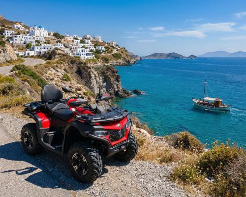 CFORCE 600cc ATV for rent, Milos island beach view.