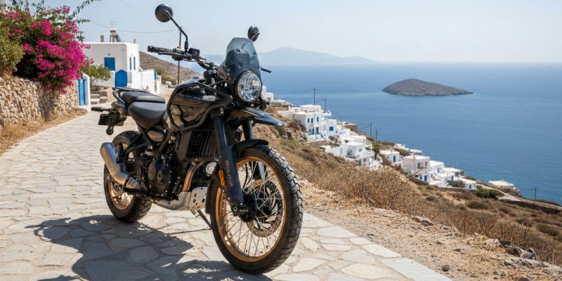 Royal Enfield Himalayan rental moto for exploring Milos island, parked on a hillside road with stunning blue sea and island views.