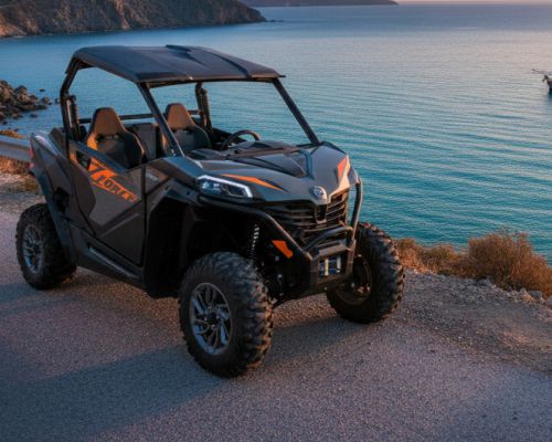 Rental CF ZFORCE 800cc buggy parked on a coastal road with a panoramic view of Milos